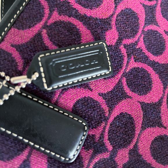 🚨LOW START! COACH Monogram Fabric Wool Twill Sm Tote Black Fuchsia Leather Trim - Picture 8 of 9